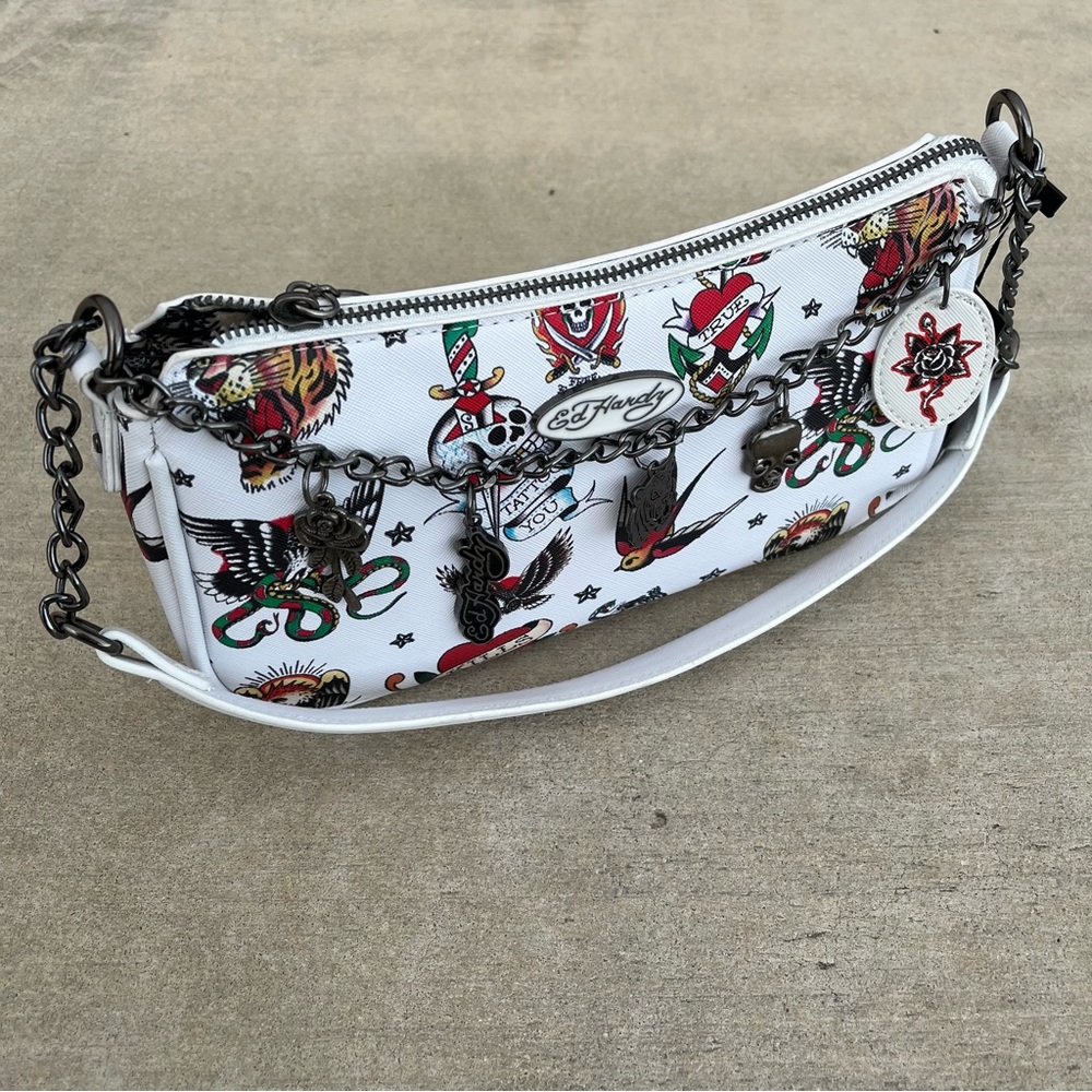 NWT Ed Hardy White Tattoo Motif Chain-Accent Shoulder Bag